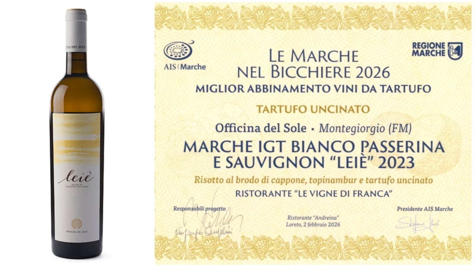 A Officina del Sole premio per il miglior abbinamento vino da tartufo a “Le Marche nel Bicchiere 2026”