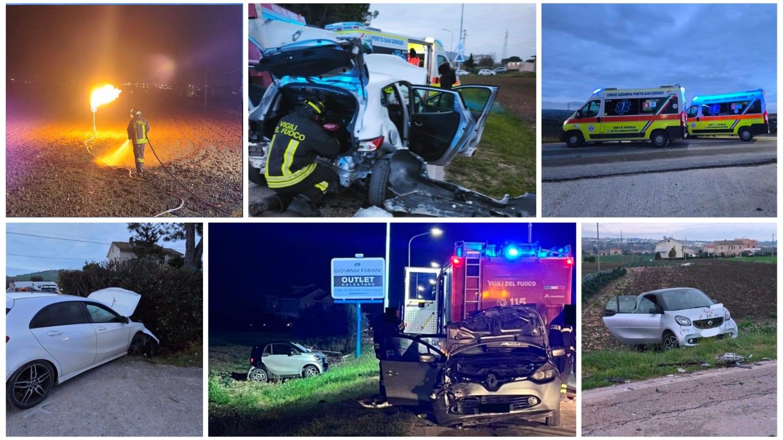 Carambola tra tre auto, una finisce fuori strada: due persone soccorse. Bombola gpl svuotata “a torcia” (Video e Foto)